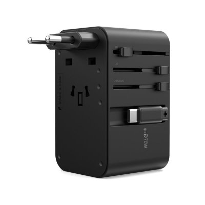 Adapter ładowarka podróżna 70W EU / US / AUS / UK z wbudowanym kablem USB-C - czarny