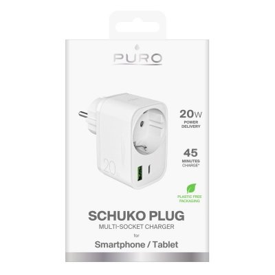 Ładowarka sieciowa USB-A USB-C z gniazdem Schuko PD 20W - biała