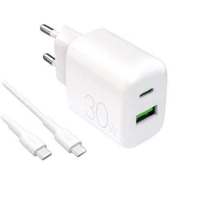 Ładowarka sieciowa USB-A USB-C z kablem USB-C 30W 1.2m - biała