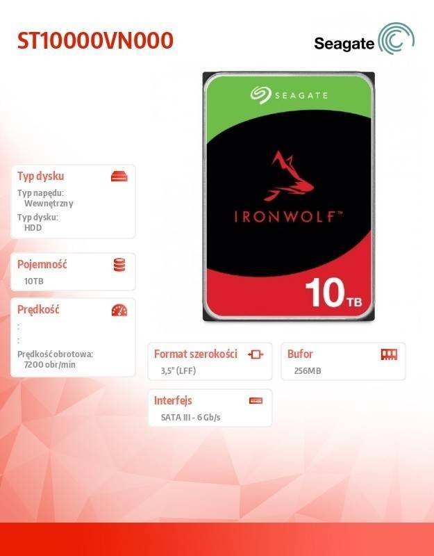 SEAGATE DYSK IRONWOLF 10TB 3,5 256MB ST10000VN000