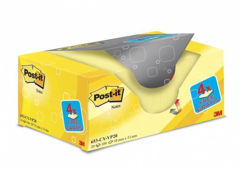 KARTECZKI SAMOPRZYLEPNE 38X51MM 3M POST-IT® 653CY-VP20 ŻÓŁTE (16+4)X100 KART