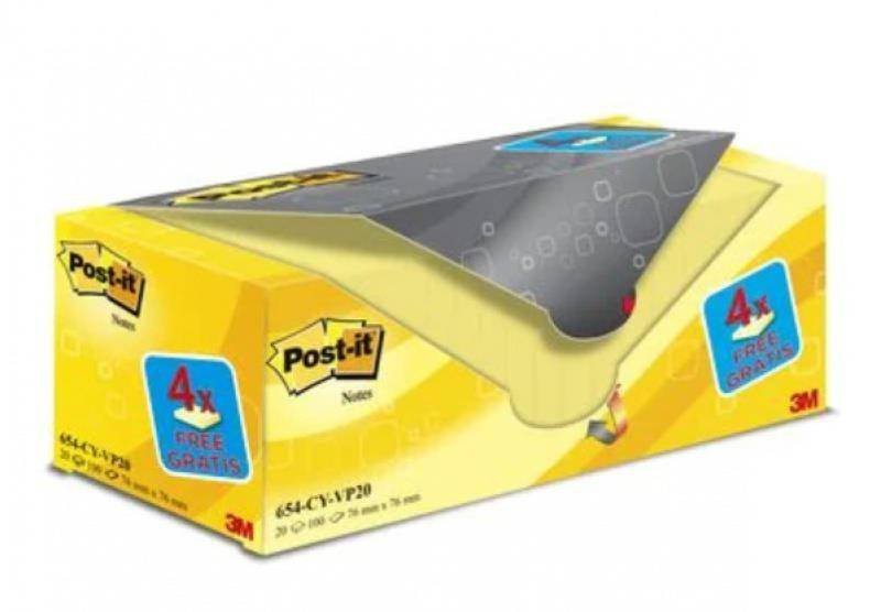 KARTECZKI SAMOPRZYLEPNE 76X76MM 3M POST-IT® 654CY-VP20 ŻÓŁTE (16+4)X100 KART