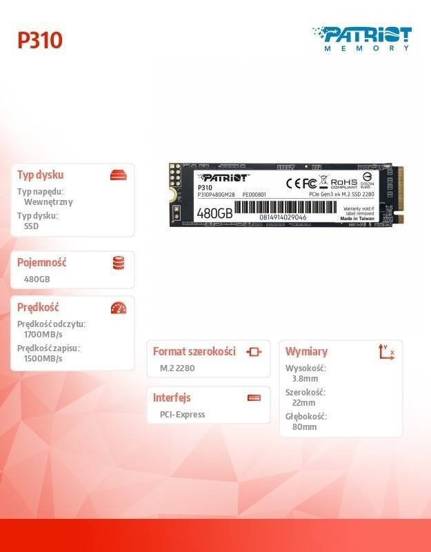 PATRIOT DYSK SSD P310 480GB M.2 2280 1700/1500 PCIE NVME GEN3 X 4