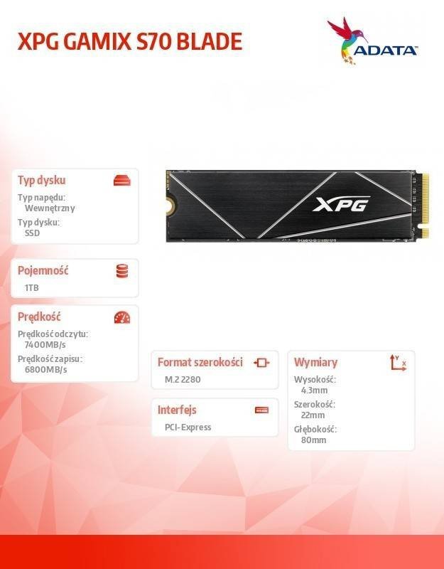 ADATA DYSK SSD XPG GAMIX S70 BLADE 1TB PCIE 4X4 7.4/5.5 GBS