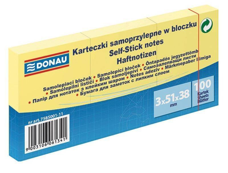 KARTECZKI SAMOPRZYLEPNE 38X51MM DONAU JASNO ŻÓŁTE 100KART