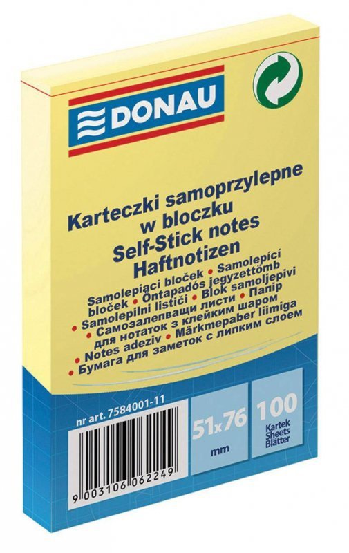 KARTECZKI SAMOPRZYLEPNE 51X76MM DONAU JASNO ŻÓŁTE 100KART