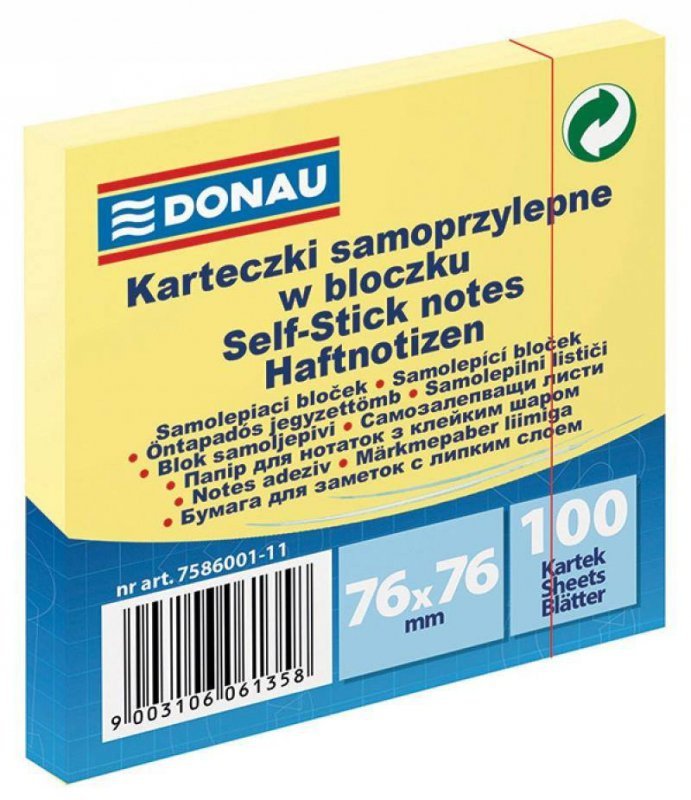KARTECZKI SAMOPRZYLEPNE 76X76MM DONAU JASNO ŻÓŁTE 100KART