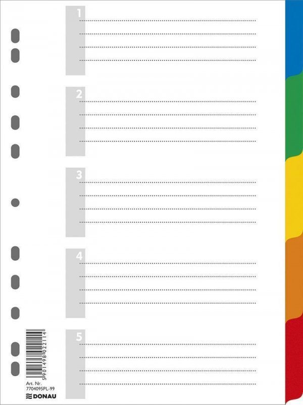 PRZEKŁADKI A4 DONAU Z PERFORACJĄ MIX KOLORÓW PP 120G/M² 5+1SZT