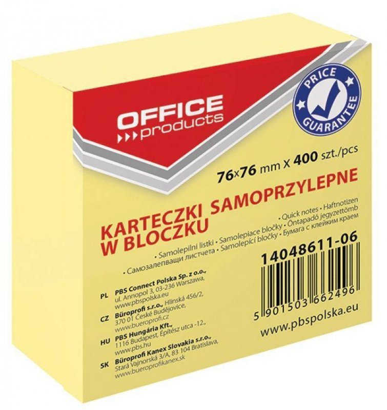 KARTECZKI SAMOPRZYLEPNE 76X76MM OFFICE PRODUCTS PASTELOWE JASNOŻÓŁTE 400KART