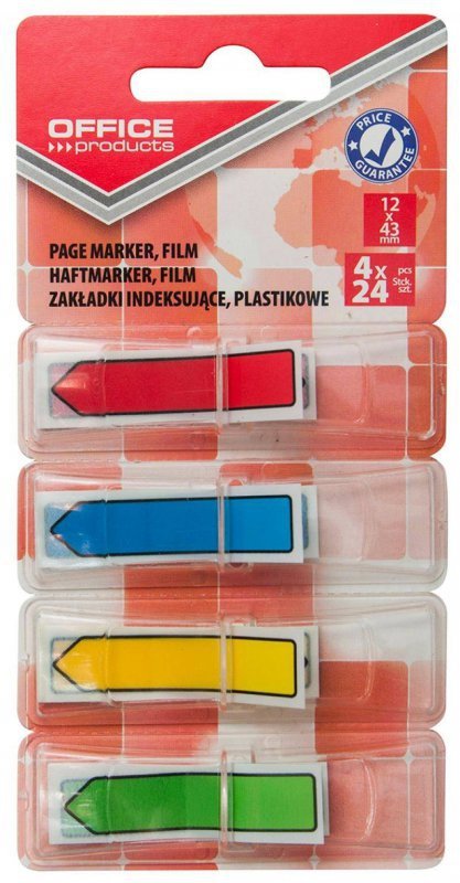ZAKŁADKI INDEKSUJĄCE FOLIOWE 12X43MM OFFICE PRODUCTS STRZAŁKI MIX KOLORÓW 4X24 SZT