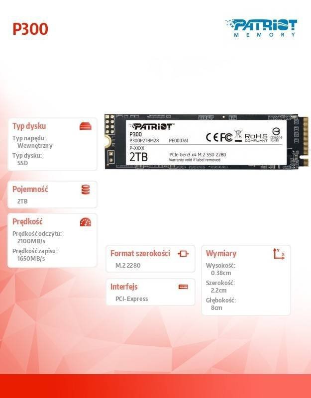 PATRIOT DYSK SSD P300 2TB M.2 PCIE GEN 3 X4 2100/1650