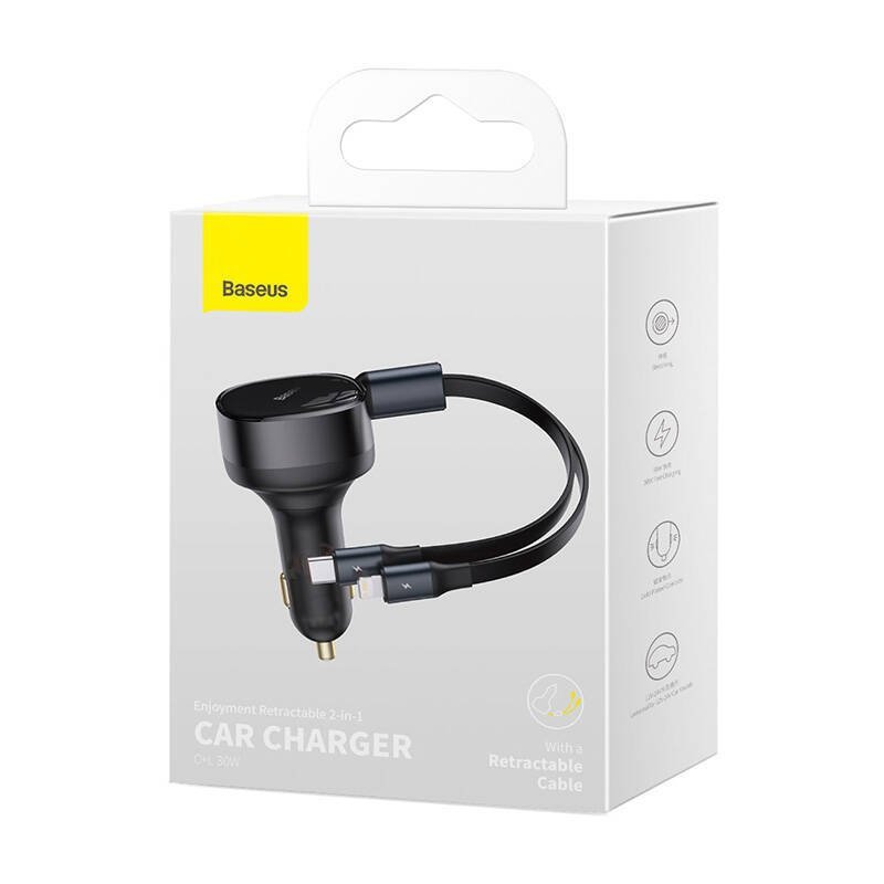 Ładowarka samochodowa Baseus Enjoyment z kablami USB-C + Lightning 3A, 30W (czarna)