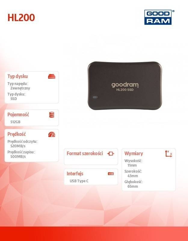 GOODRAM DYSK SSD HL200 512GB USB-C 3.2 GEN2
