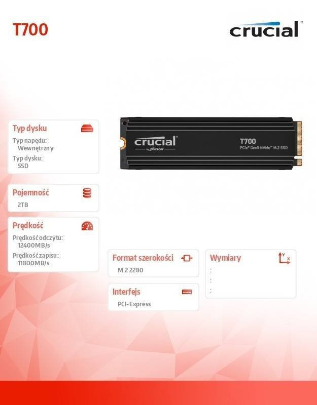 CRUCIAL DYSK SSD T700 2TB M.2 NVME 2280 PCIE 5.0 12400/11800