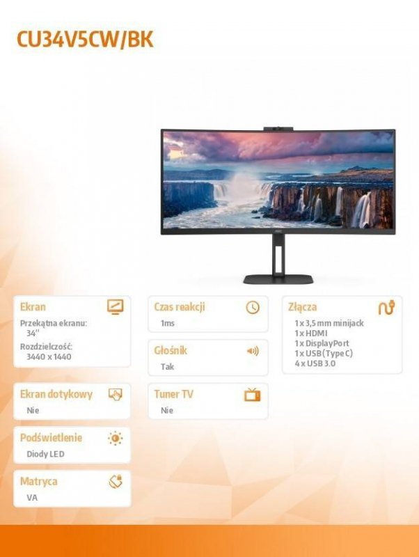 AOC MONIOTR CU34V5CW 34 CALI 100HZ CURVED VA HDMI DP USB-C