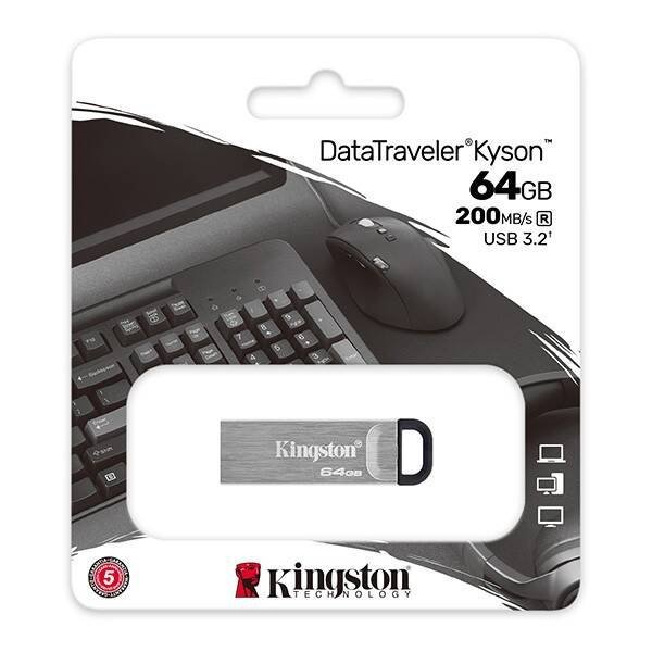 KINGSTON USB FLASH DISK, USB 3.0, 64GB, DATATRAVELER(R) KYSON, SREBRNY, DTKN/64GB, USB A, Z OCZKIEM NA BRELOK