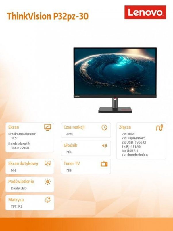 LENOVO MONITOR 31.5 CALA THINKVISION P32PZ-30 63E5GAT2EU