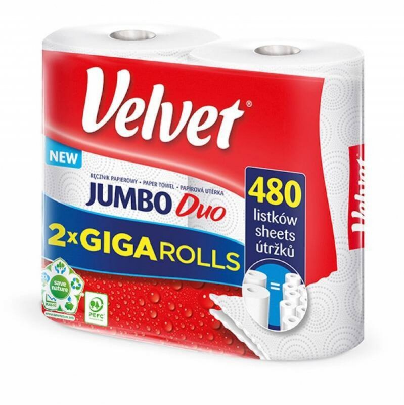 RĘCZNIK PAPIEROWY DWUWARSTWOWY CELULOZOWY VELVET JUMBO DUO BIAŁY 240 LISTKÓW 2 SZT.