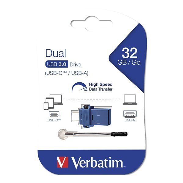 Verbatim USB flash disk OTG, USB 3.0, 32GB, Dual, niebieski, 49966, USB A / USB C, z oczkiem na brelok
