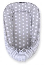 Kokon niemowlęcy dwustronny kojec otulacz Premium BOBONO- grochy na szarym/ paski szare