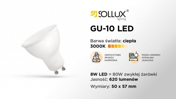 Żarówka LED GU10 3000K 8W Barwa Ciepła SL.0972 Sollux