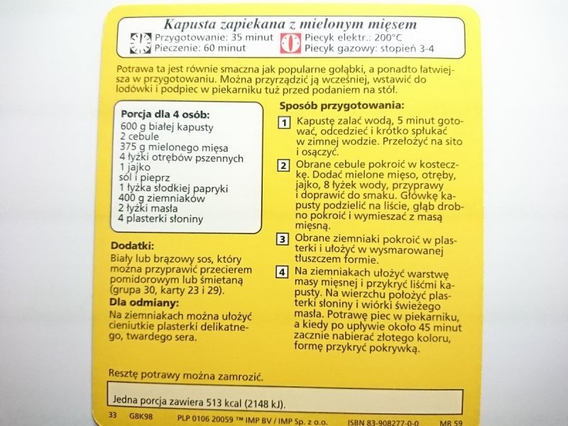 KARTA KULINARNA NR 98 KAPUSTA ZAPIEKANA Z MIELONYM