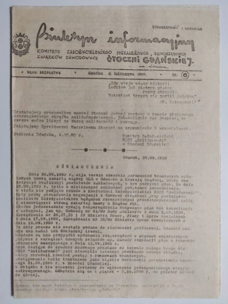 BIULETYN INFORMACYJNY STOCZNI GDAŃSKIEJ NR 6 – 06.10.1980