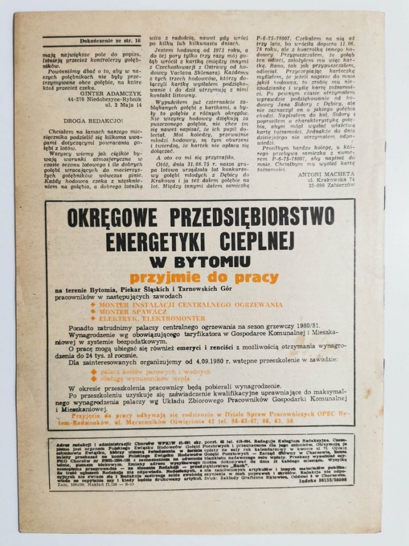 HODOWCA GOŁĘBI POCZTOWYCH NR 10  1980