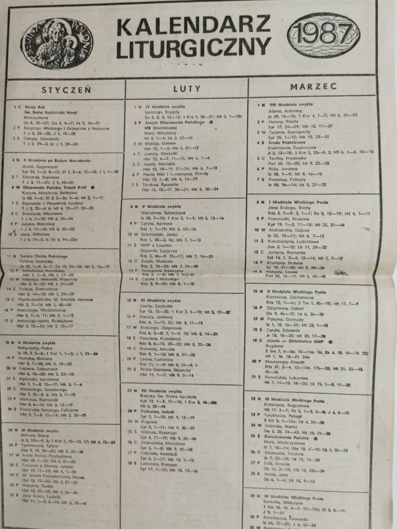 KALENDARZ LITURGICZNY 1987