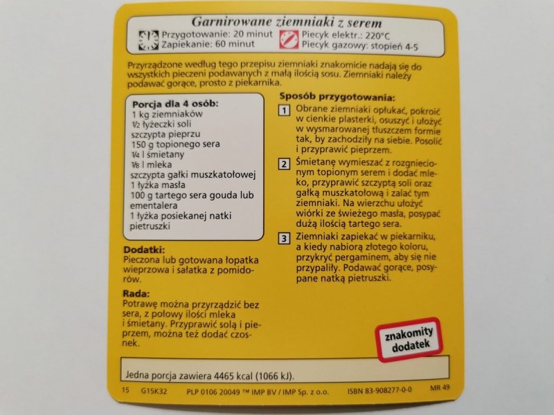KARTA KULINARNA NR. 32 GARNIROWANE ZIEMNIAKI Z SEREM