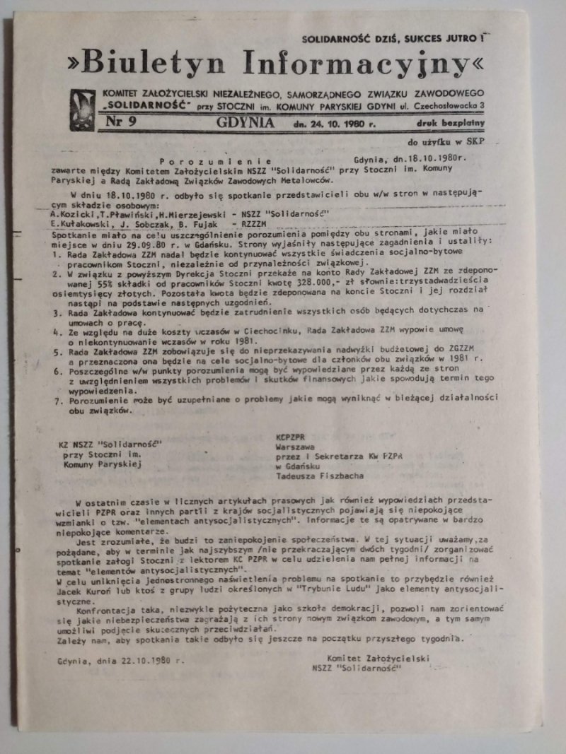 BIULETYN INFORMACYJNY NR 9 – 24.10.1980