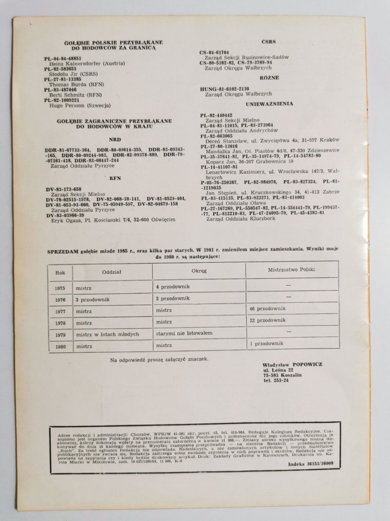 HODOWCA GOŁĘBI POCZTOWYCH NR 1 1985