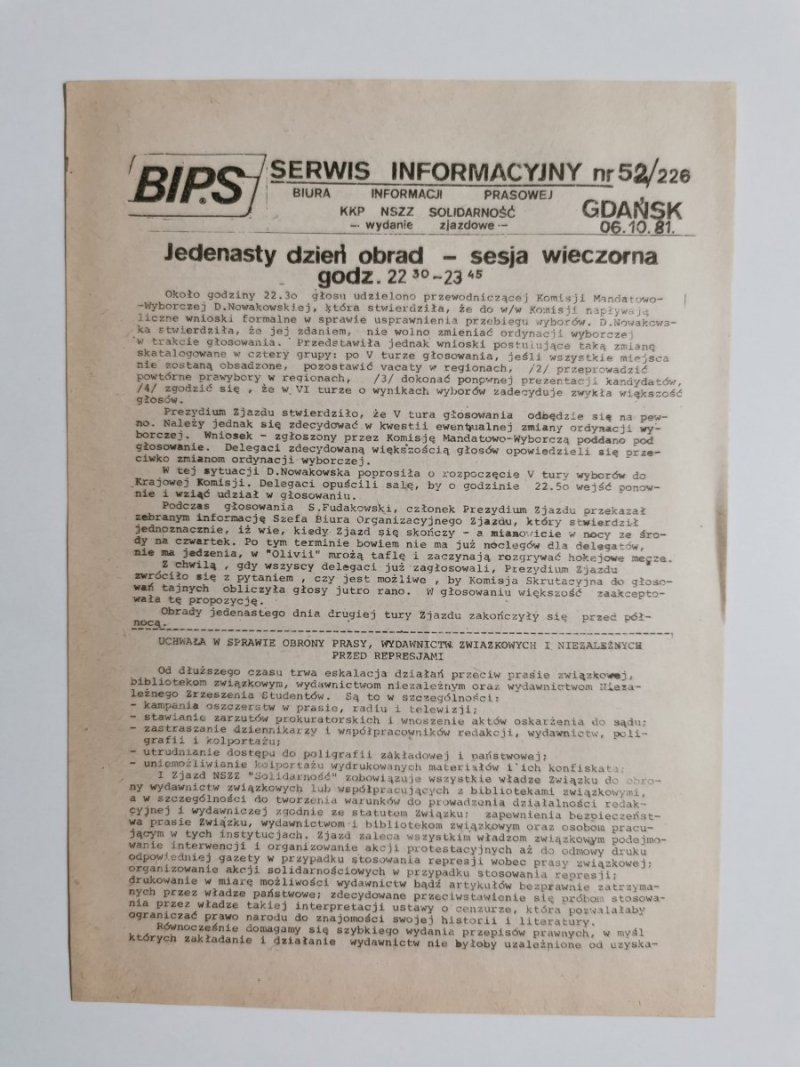 BIPS SERWIS INFORMACYJNY NR 52/226 GDAŃSK 06.10.81