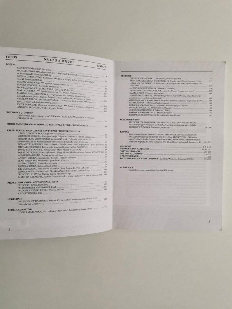 TOPOS DWUMIESIĘCZNIK LITERACKI NR 1-2 (116-117) 2011 ROK XVIII 