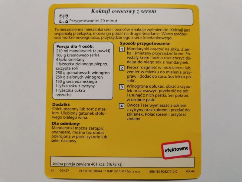 KARTA KULINARNA NR. 57 KOKTAJL OWOCOWY Z SEREM