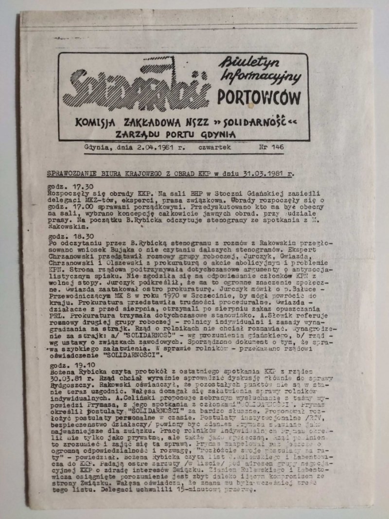 BIULETYN INFORMACYJNY PORTOWCÓW NR 146 – 02.04.1981