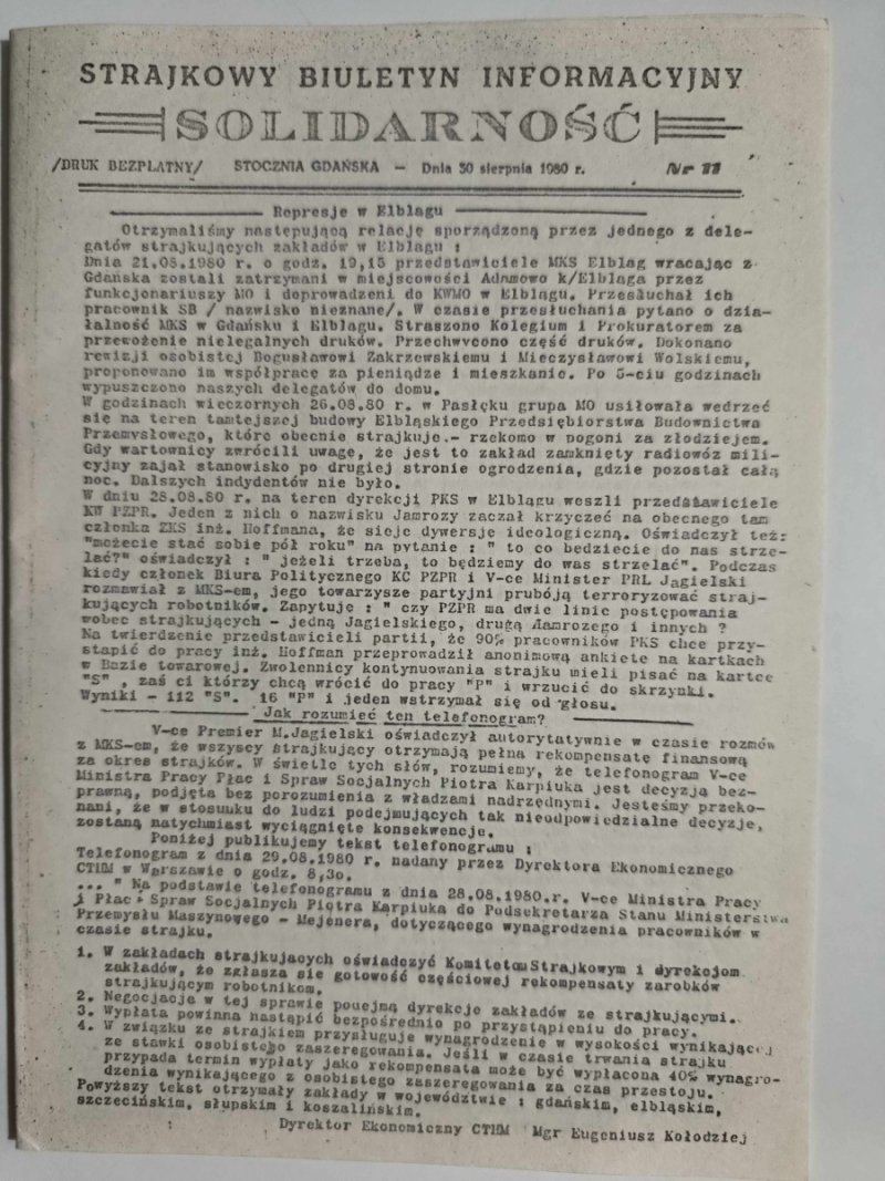STRAJKOWY BIULETYN INFORMACYJNY SOLIDARNOŚĆ NR 11 30.08.1980