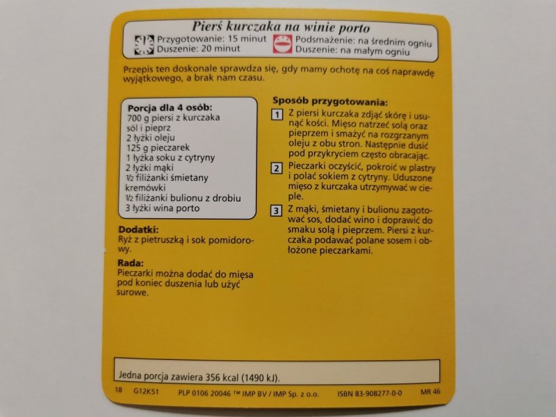KARTA KULINARNA NR. 51 PIERŚ KURCZAKA NA WINIE PORTO