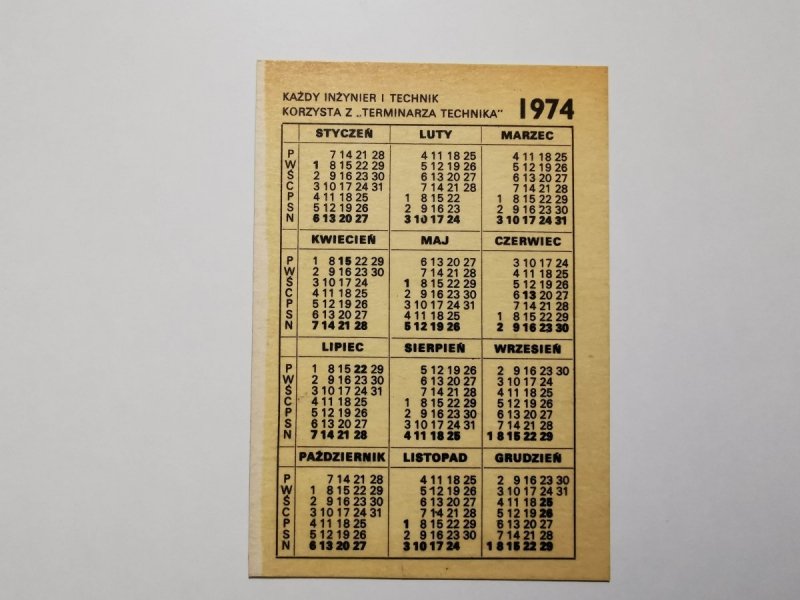 KALENDARZYK 1974 TERMINARZ TECHNIKA