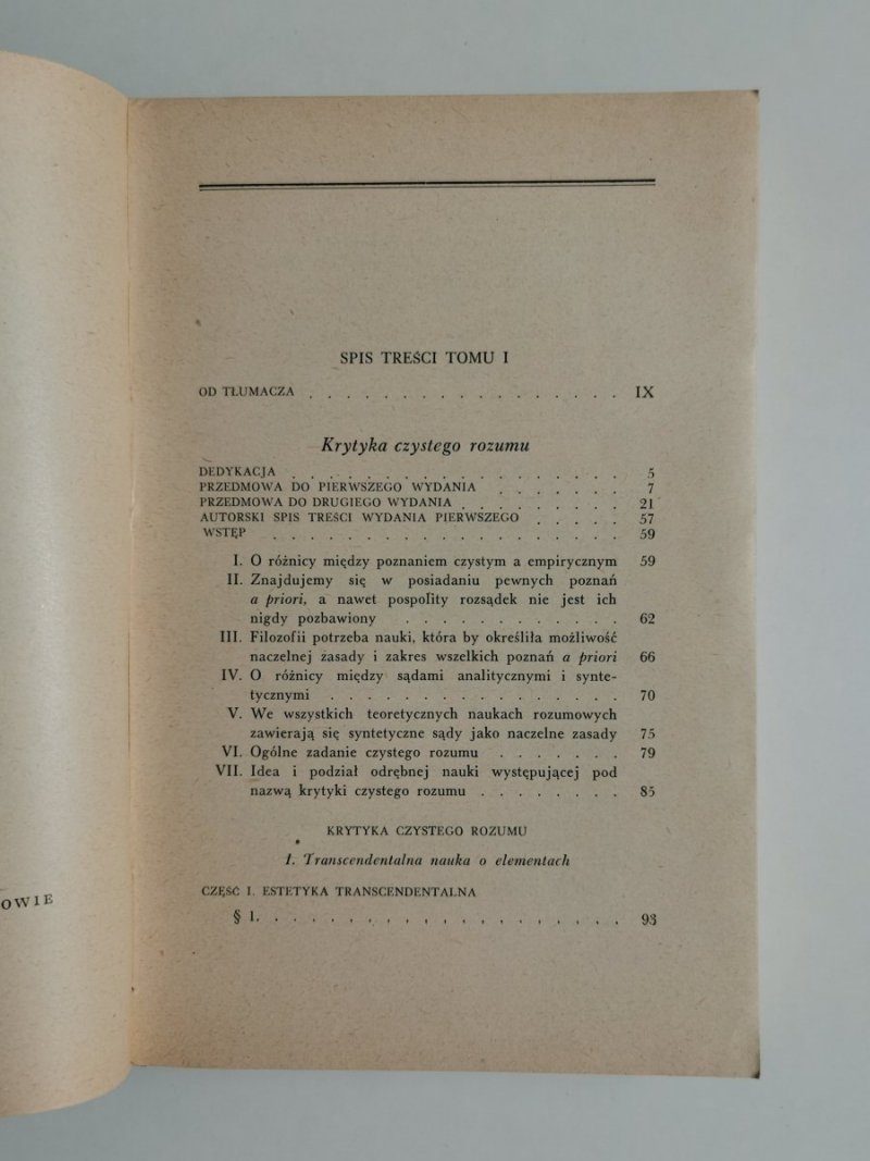 KRYTYKA CZYSTEGO ROZUMU TOM I - Immanuel Kant 1957