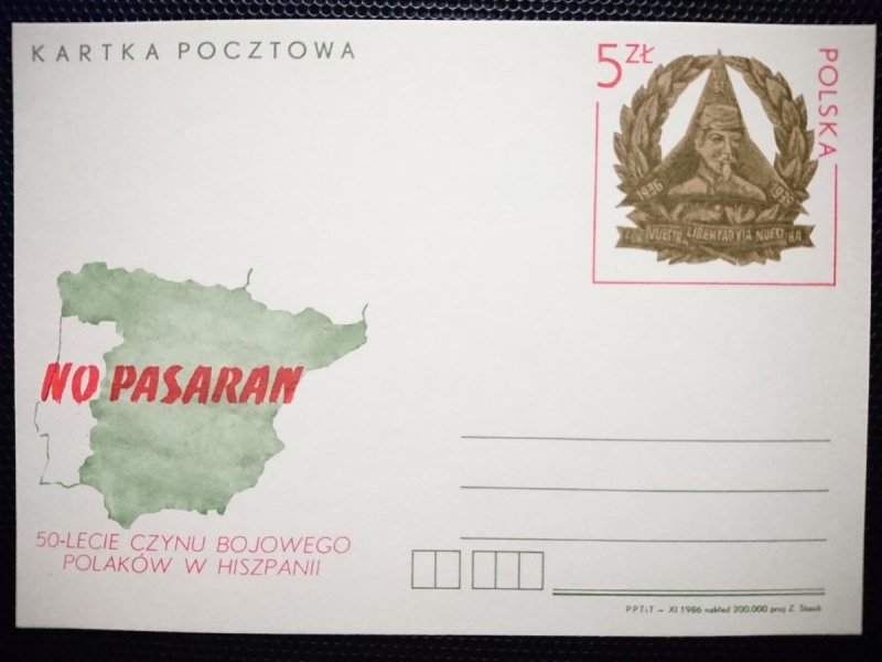 KARTKA POCZTOWA. NO PASARAN. 50 LECIE CZYNU BOJOWEGO POLAKÓW W HISZPANII