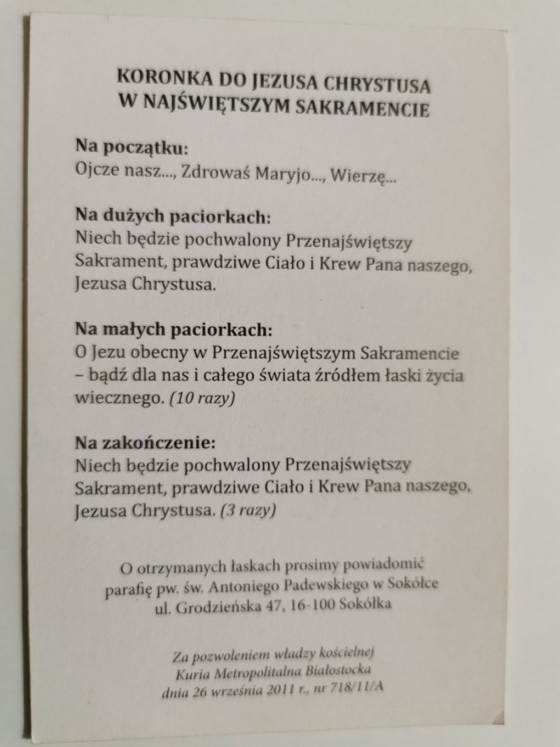 KARTA Z MODLITWĄ. CZĄSTKA CIAŁA PAŃSKIEGO. KORONKA DO JEZUSA