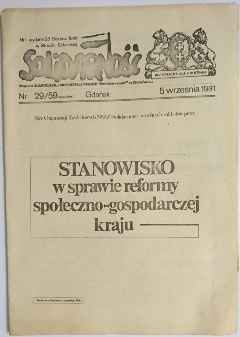 SOLIDARNOŚĆ NR 29/59 SPECJALNY GDAŃSK 5 WRZEŚNIA 1981