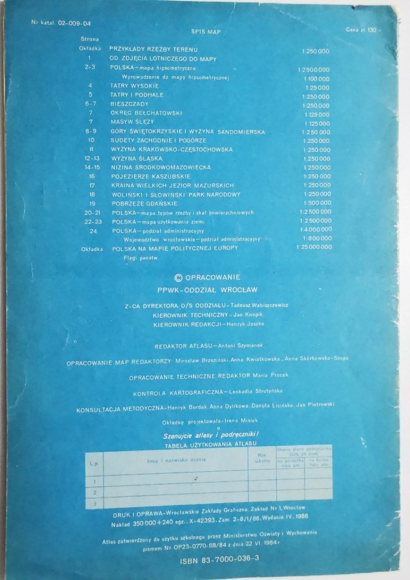 ATLAS GEOGRAFICZNY DLA KLASY IV 1986