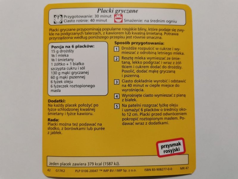 KARTA KULINARNA NR. 2 PLACKI GRYCZANE
