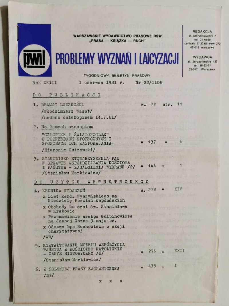 PROBLEMY WYZNAŃ I LAICYZACJI 1 CZERWCA 1981r. Nr 22/1108