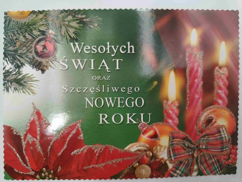 WESOŁYCH ŚWIĄT CZERWONE ŚWIECE ZIELONE TŁO BROKAT