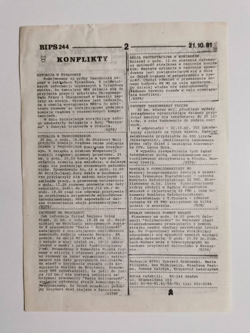 BIPS SERWIS INFORMACYJNY NR 244 GDAŃSK 21 10 81