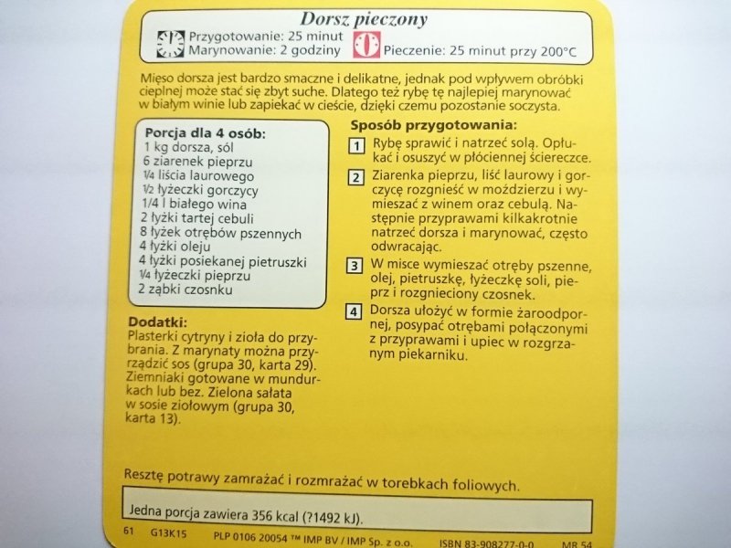 KARTA KULINARNA NR 15 DORSZ PIECZONY