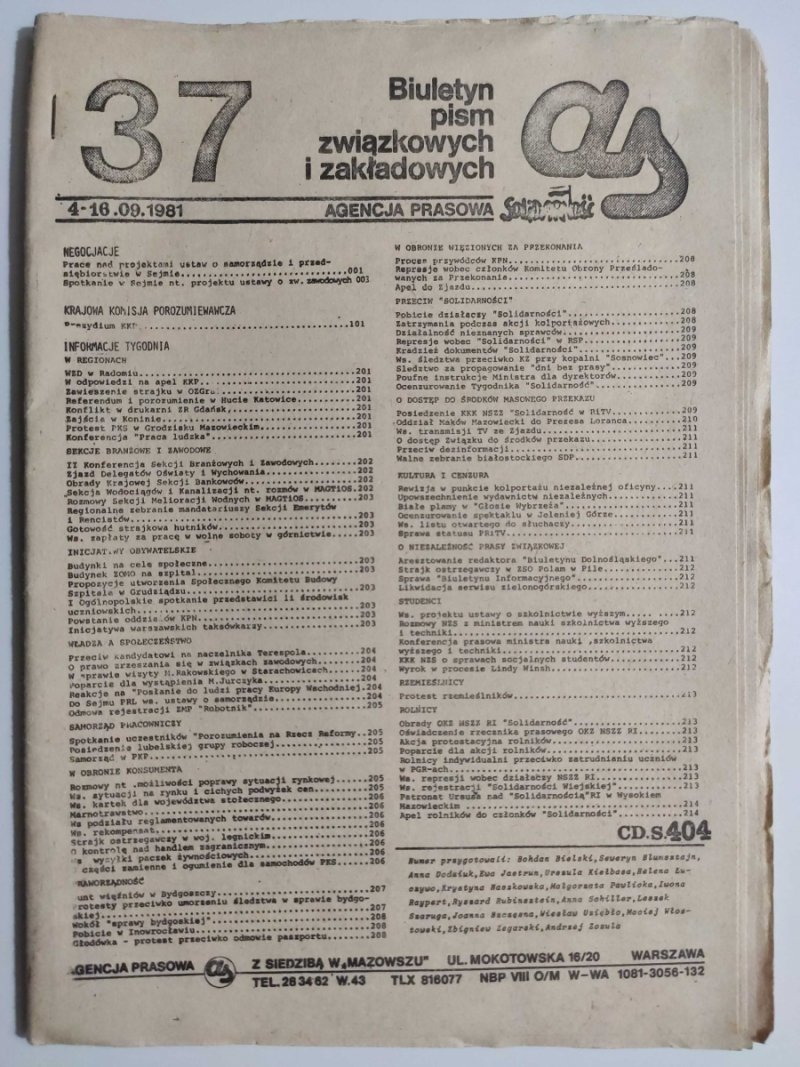 BIULETYN PISM ZWIĄZKOWYCH I ZAKŁADOWYCH NR 37 – 04-16.09.1981